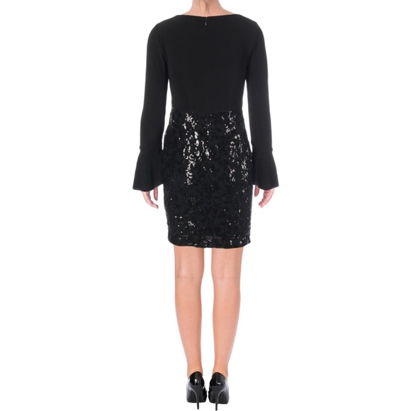 NWT Black Sequin Bell Sleeve Cocktail Midi Dress Size 2 Petite - Picture 2 of 8